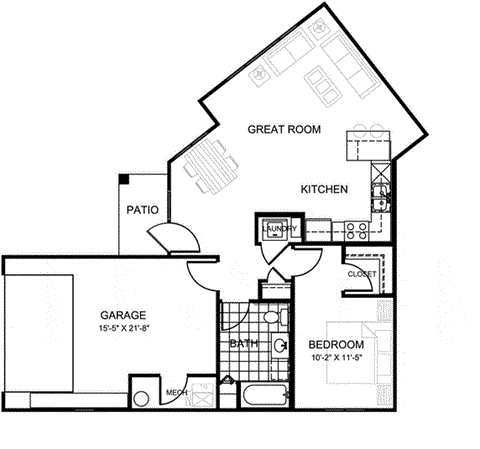 Floor plan for 1 bed, 1 bath, 775 sqft